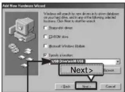 Add New Hardware Wizard Windows will search to new drivers in to drive databases on your hard drive, and in any of the following selected loaders. Click Next to select the search. □ Dispersed drives □ CROM drive □ Microsoft Windows Update ☑ Specify a location: USB Driver/win96 USB Next > < Back Next > Cancel