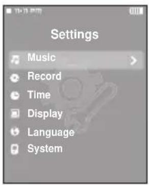 Settings Music Record Time Display Language System