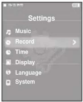 Settings Music Record Time Display Language System