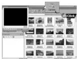 Screenshot of a web browser interface with a context menu open, showing a grid of photo thumbnails and a 'Click' button.