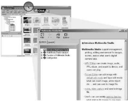 Click Multimedia Studio Help Introduction Multimedia Studio Multimedia Studio support management, posting, editing environment for images, images, audio, what user's digital camers take. - MPV Editing can create image, audio, PPL album, and export to device, and users can play. - Picture Color can edit image with select print media and layer edit mode what can insert image, arrow object etc... and can save to image file. - more, does capture and save to image file. - User's can use mostly printing files what and will increase to new space.