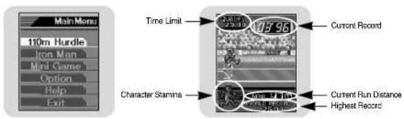 Main Menu 110m Hurdle Icon Man Mini Game Option Help Exit Time Limit 175:96 Current Record Character Stamina Current Run Distance Highest Record