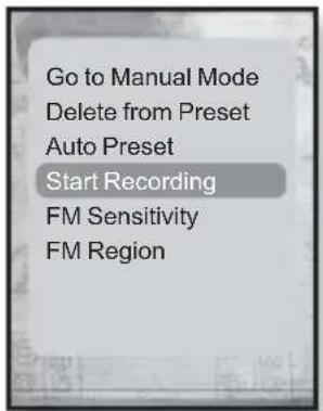 Go to Manual Mode Delete from Preset Auto Preset Start Recording FM Sensitivity FM Region