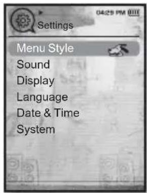 Settings Menu Style Sound Display Language Date & Time System