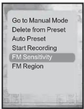 Go to Manual Mode Delete from Preset Auto Preset Start Recording FM Sensitivity FM Region