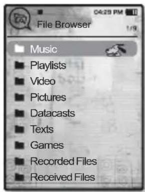 File Browser Music ■ Playlists ■ Video ■ Pictures ■ Datacasts ■ Texts ■ Games ■ Recorded Files ■ Received Files