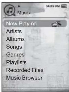Music Now Playing Artists Albums Songs Genres Playlists Recorded Files Music Browser