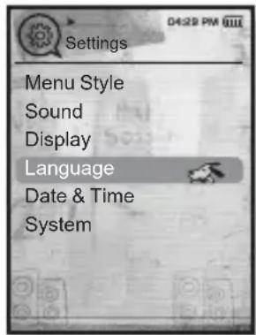Settings Menu Style Sound Display Language Date & Time System