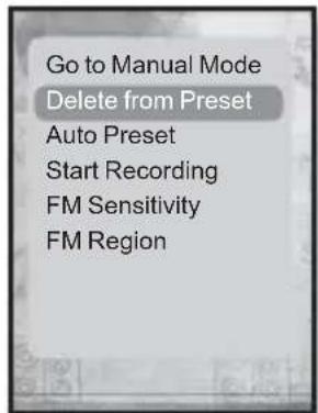 Go to Manual Mode Delete from Preset Auto Preset Start Recording FM Sensitivity FM Region