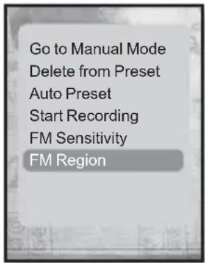 Go to Manual Mode Delete from Preset Auto Preset Start Recording FM Sensitivity FM Region