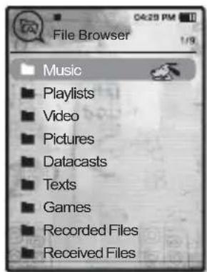 File Browser Music ■ Playlists ■ Video ■ Pictures ■ Datacasts ■ Texts ■ Games ■ Recorded Files ■ Received Files