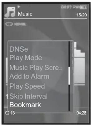 Music 15/20 DNSe Play Mode Music Play Scre.. Add to Alarm Play Speed 1 Skip Interval Bookmark 02:13 04:28