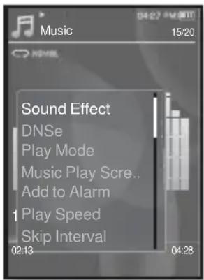 Music 15:20 Sound Effect DNSe Play Mode Music Play Scre.. Add to Alarm 1 Play Speed Skip Interval 02:13 04:28