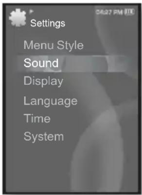 Settings Menu Style Sound Display Language Time System