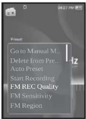 Go to Manual M.. Delete from Pre.. Auto Preset Start Recording FM REC Quality FM Sensitivity FM Region
