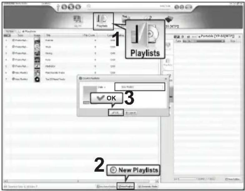 16 Playlists S5 [MTP] 1 Playlists 2 New Playlists 3 OK OK 2 Portable [YP-S6[MTP]] New Playlists New Playlists