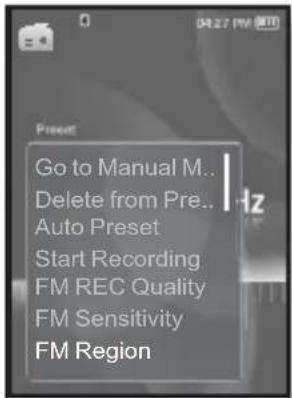 Go to Manual M.. Delete from Pre.. Auto Preset Start Recording FM REC Quality FM Sensitivity FM Region
