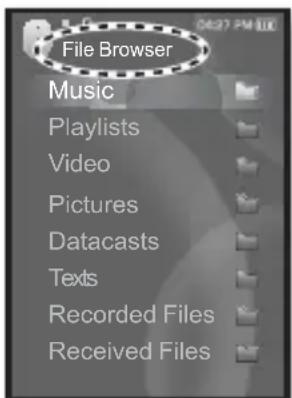 File Browser Music Playlists Video Pictures Datacasts Texts Recorded Files Received Files