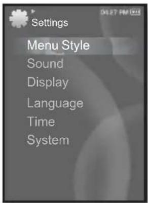 Settings Menu Style Sound Display Language Time System