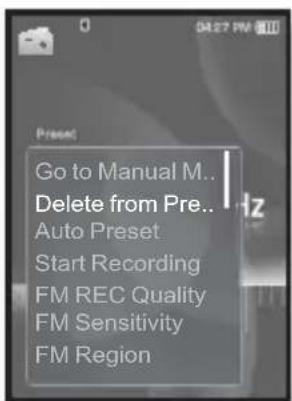 Go to Manual M.. Delete from Pre.. Auto Preset Start Recording FM REC Quality FM Sensitivity FM Region
