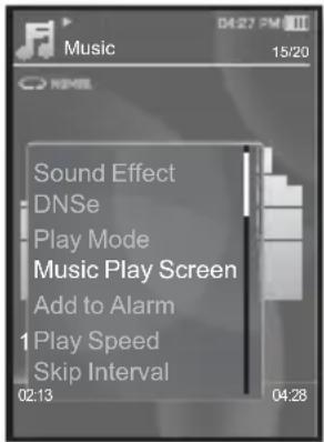 Music 04:27 PM 15/20 Sound Effect DNSe Play Mode Music Play Screen Add to Alarm 1 Play Speed Skip Interval 02:13 04:28