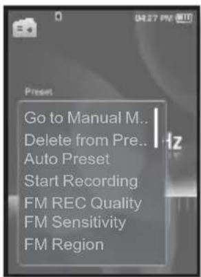 Go to Manual M.. Delete from Pre.. Auto Preset Start Recording FM REC Quality FM Sensitivity FM Region