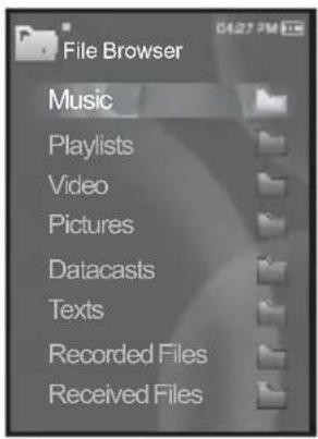File Browser Music Playlists Video Pictures Datacasts Texts Recorded Files Received Files