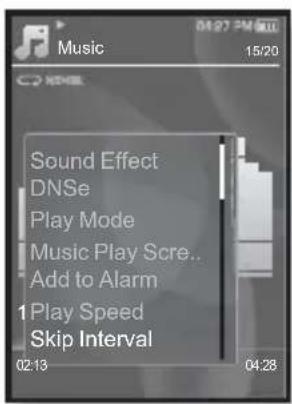Music 04:27 PM 15/20 Sound Effect DNSe Play Mode Music Play Scre.. Add to Alarm 1Play Speed Skip Interval 02:13 04:28