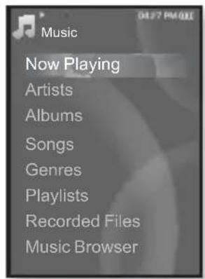 Music Now Playing Artists Albums Songs Genres Playlists Recorded Files Music Browser