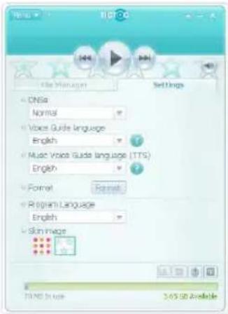 File Manager Settings ONSA Normal Voice Guide Language English Music Voice Guide Language (TTS) English Format Format Program Language English Skin Image FIND Image 3.65 GB Available