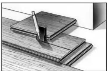 Illustration of stacked wooden sheets with a vertical tool, placed on a wooden surface (no text or symbols)