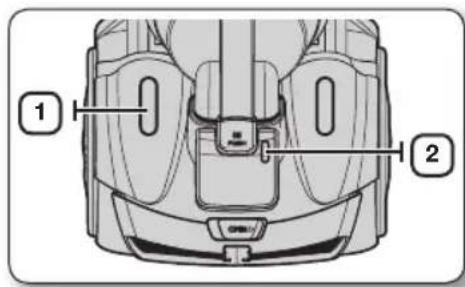 Technical diagram of a car seat assembly with labeled parts 1 and 2
