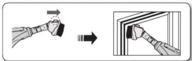 Diagram illustrating a hand holding a tool with motion arrows, before and after assembly or repair.