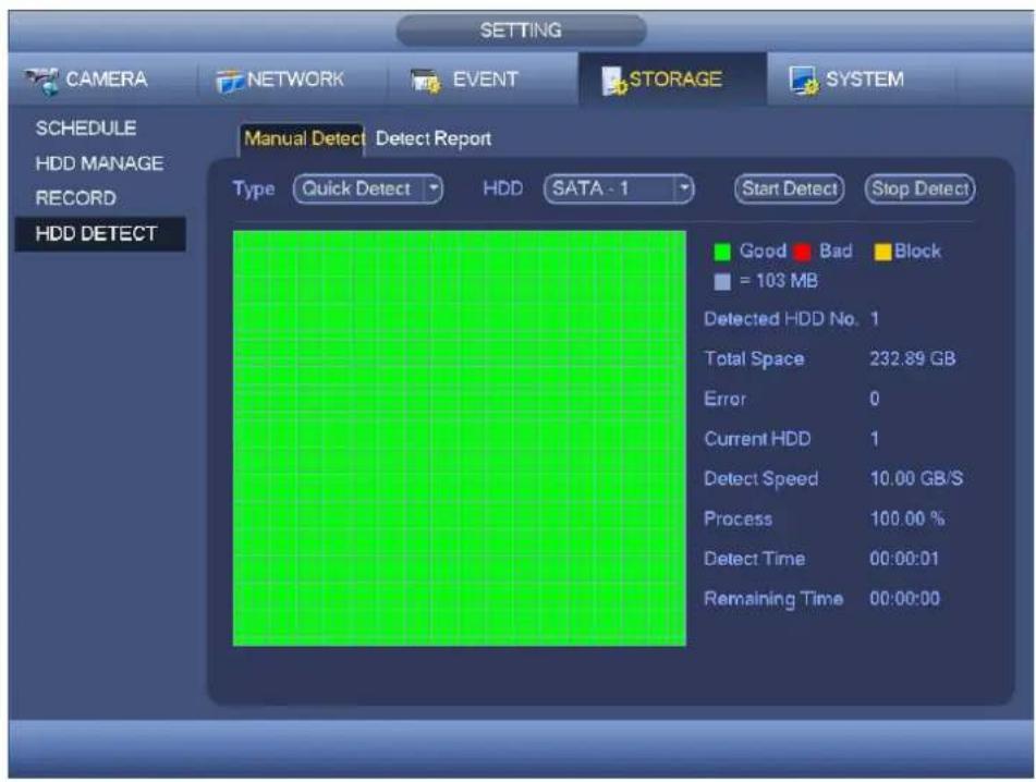 SETTING CAMERA NETWORK EVENT STORAGE SYSTEM SCHEDULE HDD MANAGE RECORD HDD DETECT Manual Detect Detect Report Type Quick Detect HDD SATA - 1 Start Detect Stop Detect Good Bad Block = 103 MB Detected HDD No. 1 Total Space 232.89 GB Error 0 Current HDD 1 Detect Speed 10.00 GB/S Process 100.00 % Detect Time 00:00:01 Remaining Time 00:00:00