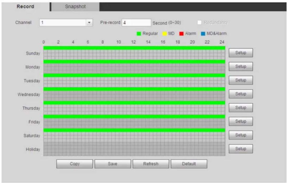 Record Snapshot: Channel 1 Pre-record 4 Second (0-30) Redundancy 0 2 4 6 8 10 12 14 16 18 20 22 24 Sunday Monday Tuesday Wednesday Thursday Friday Saturday Holiday Regular MD Alarm MD&Alarm Setup Setup Setup Setup Setup Setup Setup Setup Copy Save Refresh Default