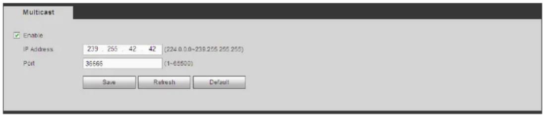 Multicast Enable IP Address 239 . 255 . 42 . 42 (224.0.0.0~239.255.255.255) Port 36666 (1~85500) Save Refresh Default