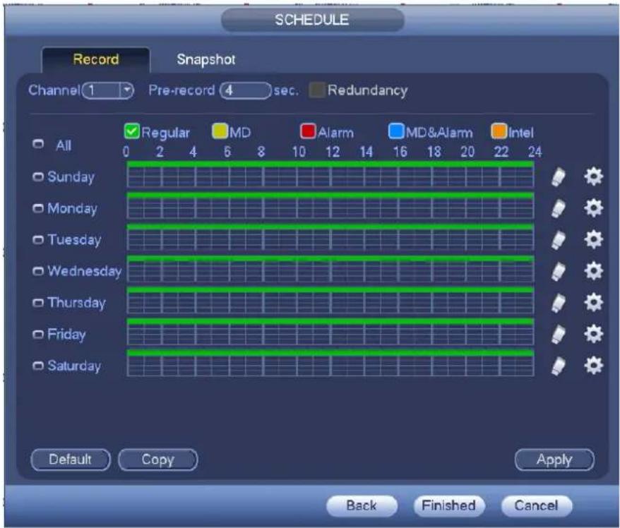 SCHEDULE Record Snapshot Channel 1 Pre-record 4 sec. Redundancy All Regular MD Alarm MD&Alarm Intel 0 2 4 6 8 10 12 14 16 18 20 22 24 Sunday Monday Tuesday Wednesday Thursday Friday Saturday Default Copy Apply Back Finished Cancel