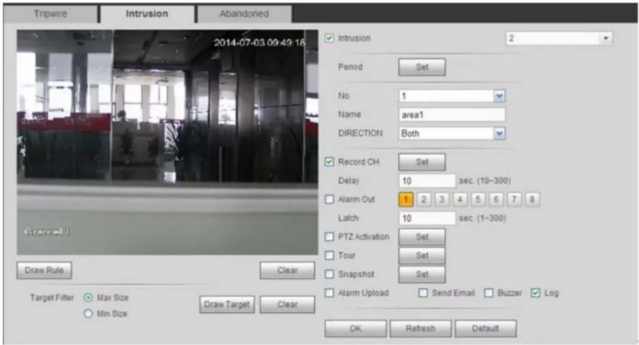 Tripwire Intrusion Abandoned 2014-07-03 09:49:18 Intrusion 2 Period Set No 1 Name area1 DIRECTION Both Record CH Set Delay 10 sec. (10~300) Alarm Out 1 2 3 4 5 6 7 8 Latch 10 sec. (1~300) PTZ Activation Set Tour Set Snapshot Set Alarm Upload Send Email Buzzer Log OK Refresh Default Draw Rule Clear Target Filter Max Size Min Size Draw Target Clear