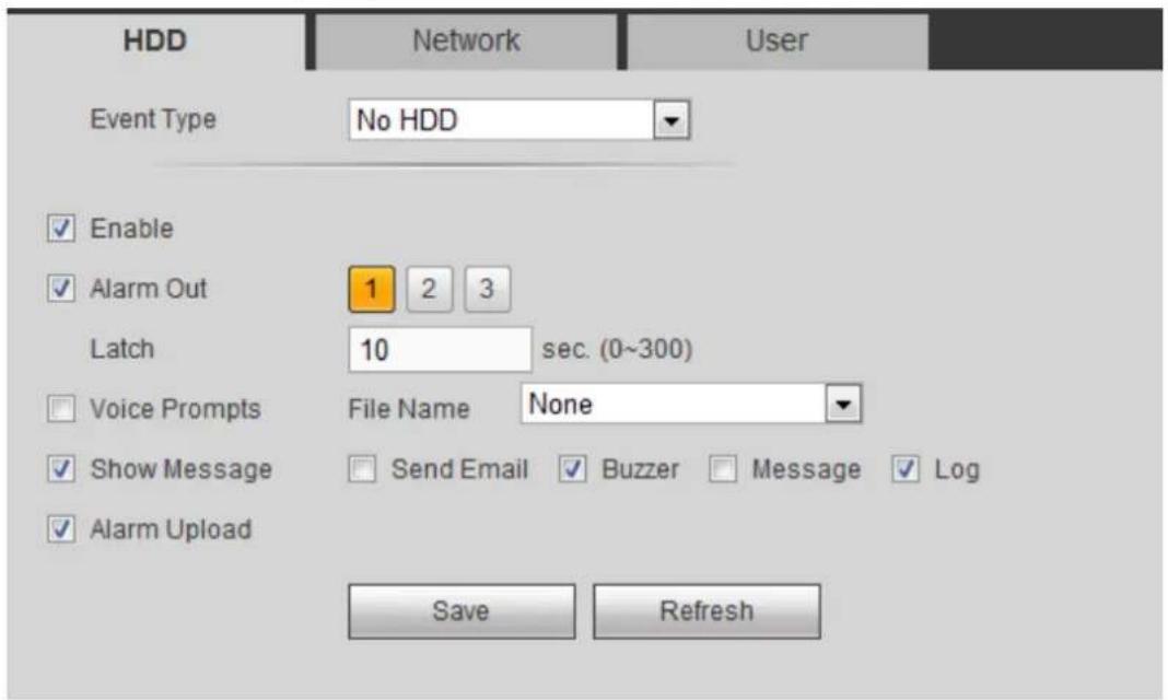 HDD Event Type No HDD Enable Alarm Out 1 2 3 Latch 10 sec. (0~300) Voice Prompts File Name None Show Message Send Email Buzzer Message Log Alarm Upload Save Refresh