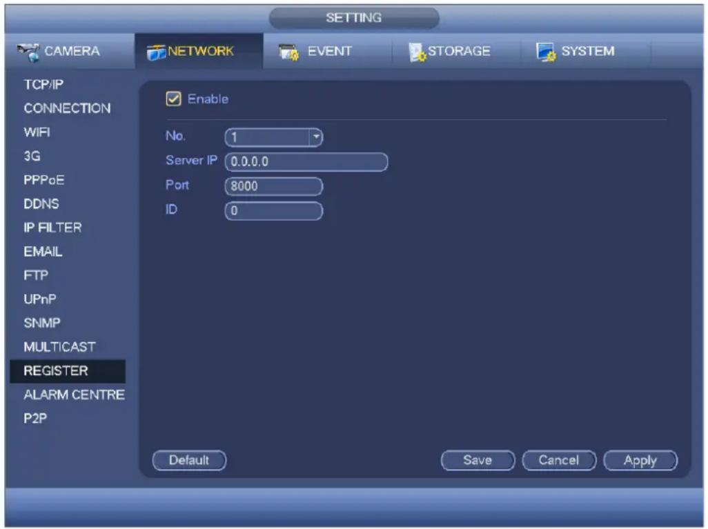 SETTING CAMERA NETWORK EVENT STORAGE SYSTEM TCP/IP CONNECTION WIFI 3G PPPoE DDNS IP FILTER EMAIL FTP UPnP SNMP MULTICAST REGISTER ALARM CENTRE P2P Enable No. 1 Server IP 0.0.0.0 Port 8000 ID 0 Default Save Cancel Apply