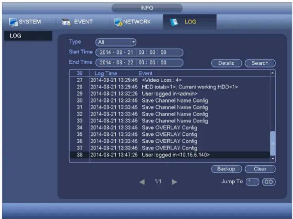 INFO SYSTEM EVENT NETWORK(LOG LOG Type All Start Time 2014 - 08 - 21 00 : 00 : 00 End Time 2014 - 08 - 22 00 : 00 : 00 Details Search 38 Log Time Event 27 2014-08-21 13:29:45 28 2014-08-21 13:29:45 HDD totals<1>, Current working HDD<1> 29 2014-08-21 13:32:25 User logged in 30 2014-08-21 13:33:45 Save Channel Name Config 31 2014-08-21 13:33:45 Save Channel Name Config 32 2014-08-21 13:33:45 Save Channel Name Config 33 2014-08-21 13:33:45 Save Channel Name Config 34 2014-08-21 13:33:45 Save OVERLAY Config 35 2014-08-21 13:33:45 Save OVERLAY Config 36 2014-08-21 13:33:45 Save OVERLAY Config 37 2014-08-21 13:33:45 Save OVERLAY Config 38 2014-08-21 13:47:25 User logged in<10.15.6.140> Backup Clear Jump To 1 GO