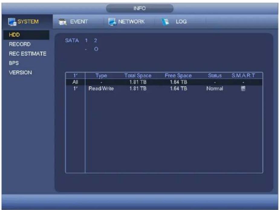INFO SYSTEM EVENT NETWORK LOG HDD RECORD REC ESTIMATE BPS VERSION SATA 1 2 - O 1' Type Total Space Free Space Status S.M.A.R.T All - 1.81 TB 1.64 TB - 1' Read/Write 1.81 TB 1.64 TB Normal
