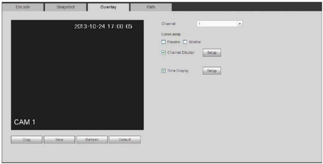 Encode Snapshot Overlay Path 2013-10-24 17:00:05 Channel Cover Area Preview Monitor Channel Display Setup Time Display Setup CAM 1 Copy Save Refresh Default