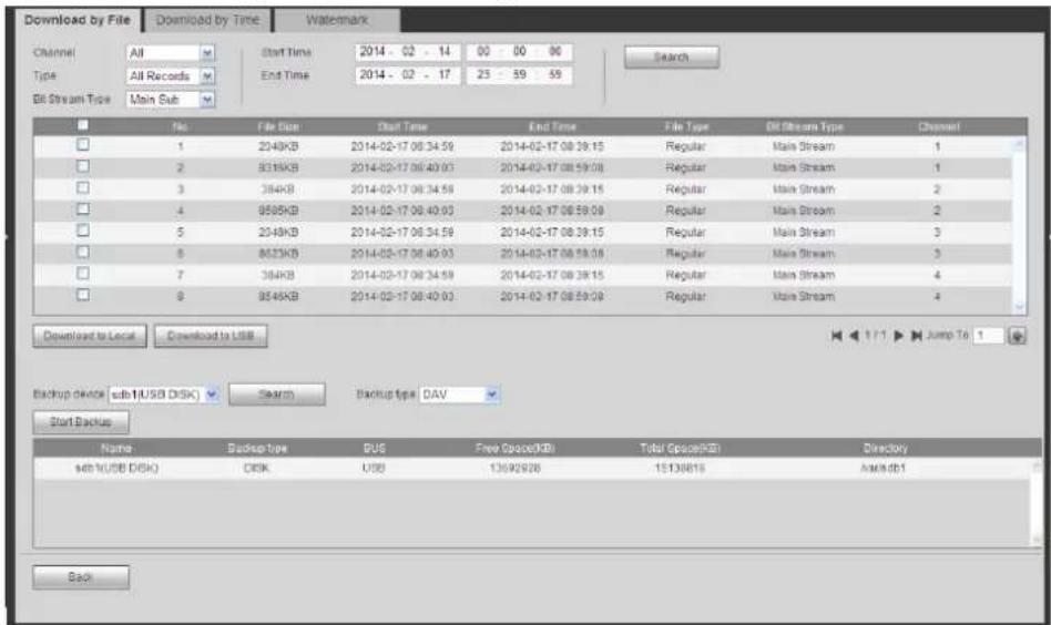 Download by File Downloaded by Time Watermark Channel All Start Time 2014 - 02 - 14 00 - 00 - 96 Search Type All Records End Time 2014 - 02 - 17 23 - 59 - 59 Bit Stream Type Main Sub No. File Size Start Time End Time File Type Off Stream Type Channel 1 2048KB 2014-02-17 06:34:59 2014-02-17 08:39:15 Regular Main Stream 1 2 8316KB 2014-02-17 06:40:03 2014-02-17 08:59:08 Regular Main Stream 1 3 384KB 2014-02-17 08:34:58 2014-02-17 08:39:15 Regular Main Stream 2 4 9585KB 2014-02-17 06:40:03 2014-02-17 08:59:08 Regular Main Stream 2 5 2048KB 2014-02-17 06:34:59 2014-02-17 08:39:15 Regular Main Stream 3 6 8623KB 2014-02-17 06:40:03 2014-02-17 08:59:08 Regular Main Stream 3 7 384KB 2014-02-17 06:34:59 2014-02-17 08:39:15 Regular Main Stream 4 8 9546KB 2014-02-17 06:40:03 2014-02-17 08:59:08 Regular Main Stream 4 Download to Local Download to USB Backup device sub I/USB Disk Search Backup type DAV Start Backup Name Backup type BUS Free Space(KB) Total Space(KB) Directory sub I/USB Disk Disk USB 13692926 15136816 Auto3db1