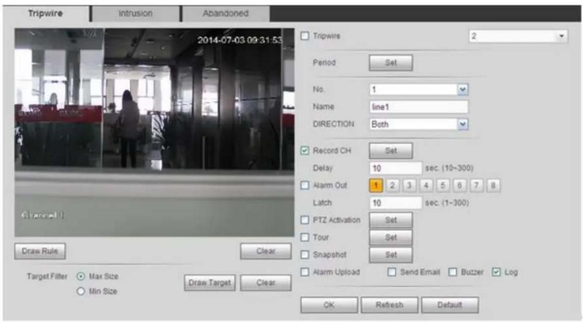 Tripwire Intrusion Abandoned 2014-07-03 09:31:53 Tripwire 2 Period Set No. 1 Name line1 DIRECTION Both Record CH Set Delay 10 sec (10~300) Alarm Out 1 2 3 4 5 6 7 8 Latch 10 sec (1~300) PTZ Activation Set Tour Set Snapshot Set Alarm Upload Send Email Butzer Log OK Refresh Default Draw Rule Clear Target Filter Max Size Min Size Draw Target Clear