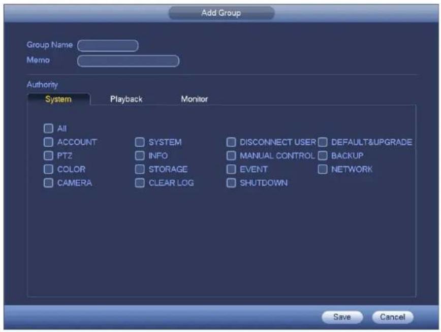 Add Group Group Name Memo Authority System Playback Monitor All SYSTEM DISCONNECT USER DEFAULT&UPGRADE ACCOUNT INFO MANUAL CONTROL BACKUP PTZ STORAGE EVENT NETWORK COLOR CLEAR LOG SHUTDOWN CAMERA Save Cancel