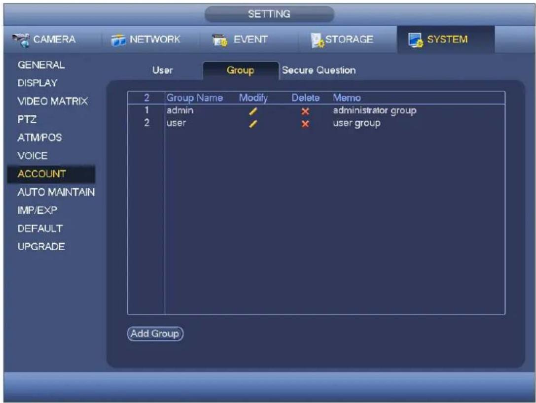 SETTING CAMERA NETWORK EVENT STORAGE SYSTEM GENERAL DISPLAY VIDEO MATRIX PT2 ATM/POS VOICE ACCOUNT AUTO MAINTAIN IMP/EXP DEFAULT UPGRADE User Group Secure Question 2 Group Name Modify Delete Memo 1 admin / × administrator group 2 user / × user group Add Group