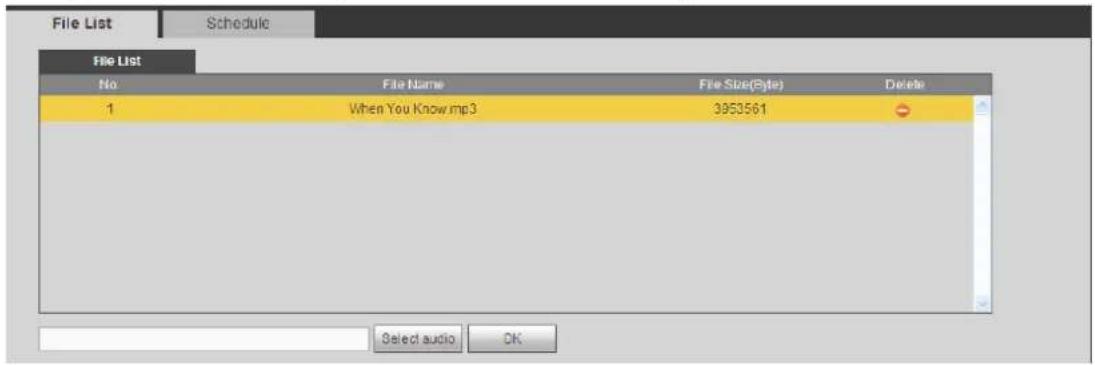 File List Schedule File List No File Name File Size(Byte) Delete 1 When You Know mp3 3953561 Select audio OK