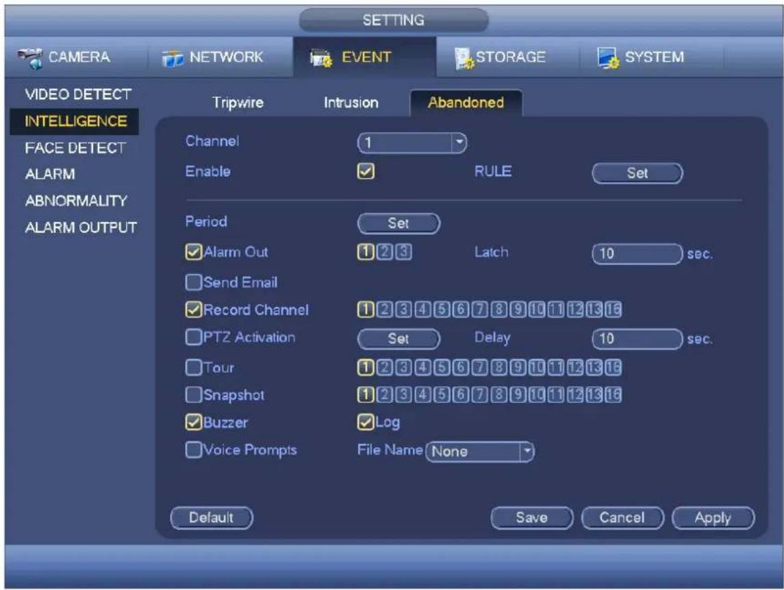 SETTING CAMERA NETWORK EVENT STORAGE SYSTEM VIDEO DETECT INTELLIGENCE FACE DETECT ALARM ABNORMALITY ALARM OUTPUT Tripwire Intrusion Abandoned Channel 1 Enable RULE Set Period Set Alarm Out Latch 10 sec. Send Email Record Channel 1234567891011121316 PTZ Activation Set Delay 10 sec. Tour 1234567891011121316 Snapshot 1234567891011121316 Buzzer Log Voice Prompts File Name None Default Save Cancel Apply