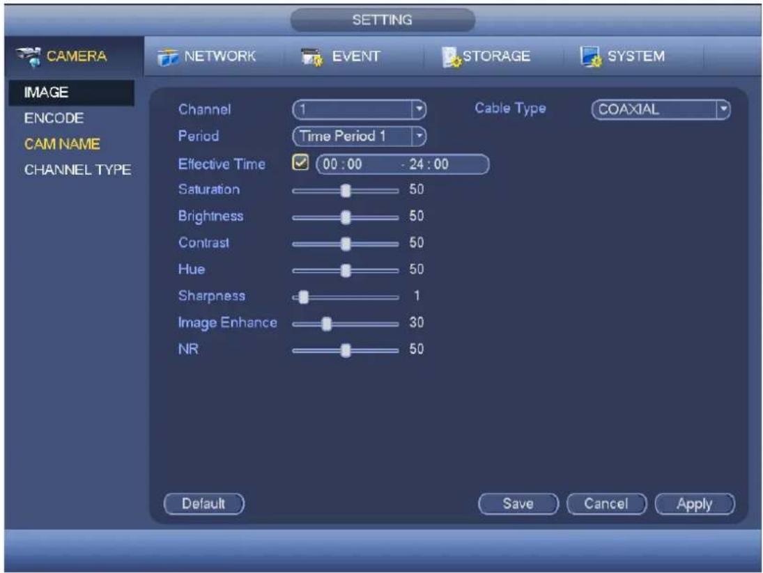 CAMERA NETWORK EVENT STORAGE SYSTEM IMAGE ENCODE CAM NAME CHANNEL TYPE Channel 1 Cable Type COAXIAL Period Time Period 1 Effective Time 00:00 - 24:00 Saturation 50 Brightness 50 Contrast 50 Hue 50 Sharpness 1 Image Enhance 30 NR 50 Default Save Cancel Apply